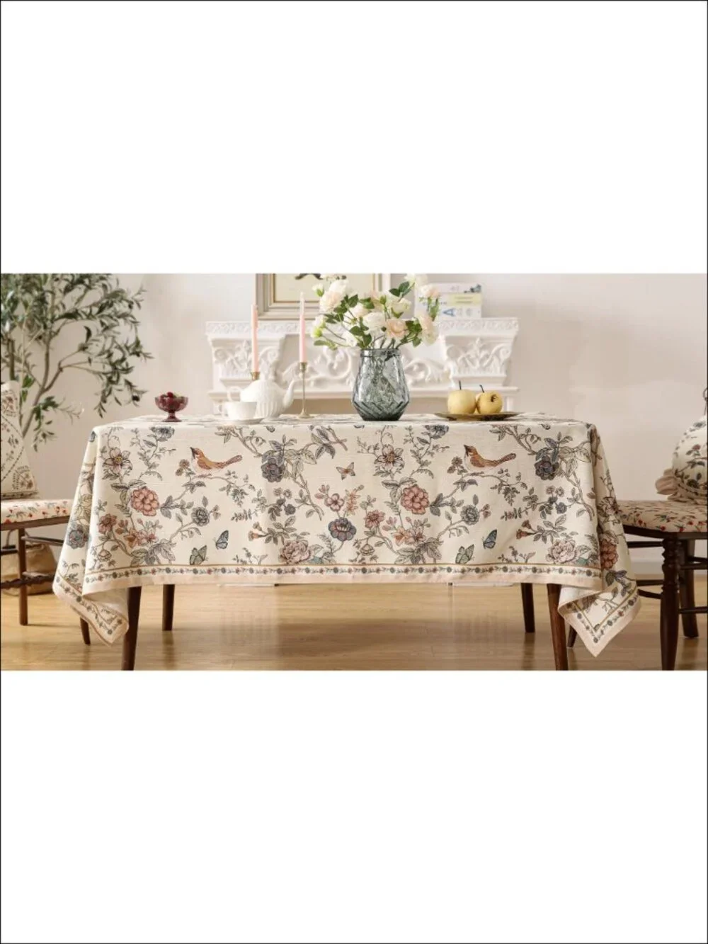 French Linen Rectangular Tablecloth 87x55 Floral Dining Table Cover
